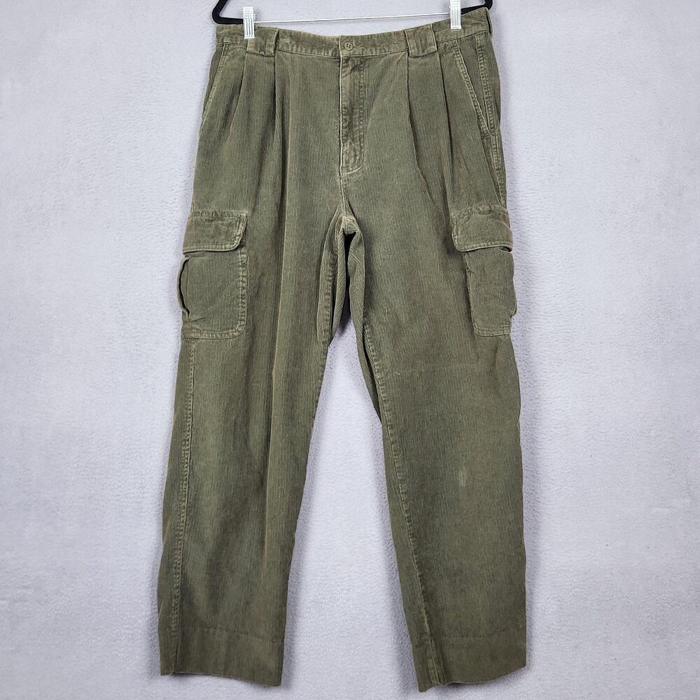 Lands End Cargo Pants Mens 36x30 Green Corduroy Pleated Pockets Casual Workwear